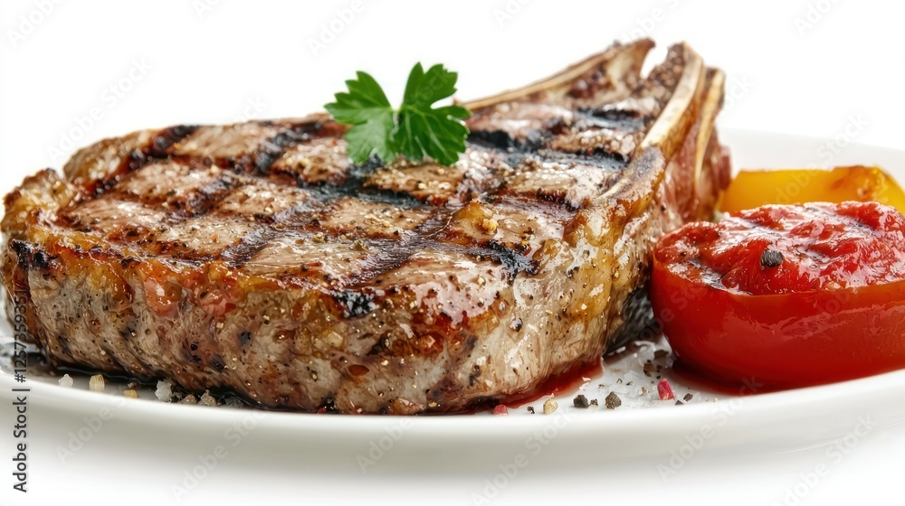 Grilled Ribeye Steak: A perfectly grilled ribeye steak, seared to juicy perfection with grill marks, sits on a white plate alongside roasted red peppers and a tangy tomato sauce. Grilled Ribeye Steak: A perfectly grilled ribeye steak, seared to juicy perfection with grill marks, sits on a white plate alongside roasted red peppers and a tangy tomato sauce.