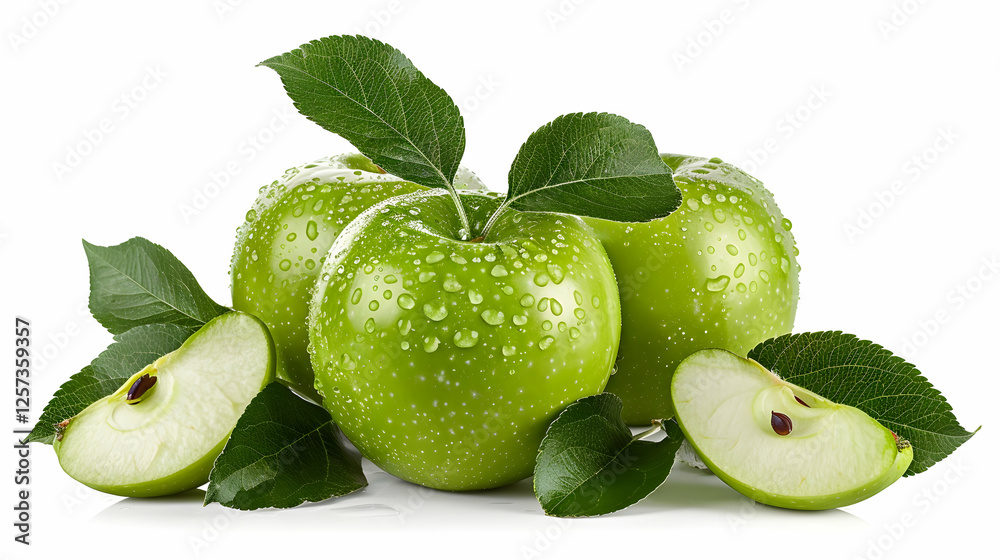 Obraz premium Photo - Fresh Green Apples with Water Drops and Leaves
