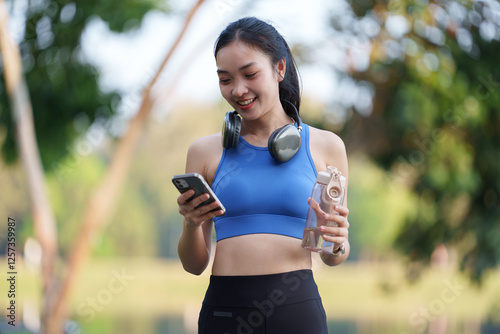 Smiling young woman in athletic wear using a smartphone and holding a water bottle. Headphones around her neck, enjoying a break during an outdoor workout in a park setting