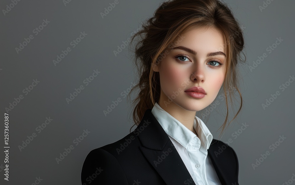 Sharp and sophisticated woman in a formal outfit, elegant look, gray background