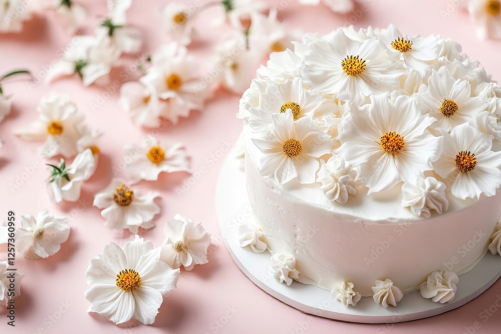 Elegant white cake adorned with edible flowers on a pink surface Elegant white cake adorned with edible flowers on a pink surface