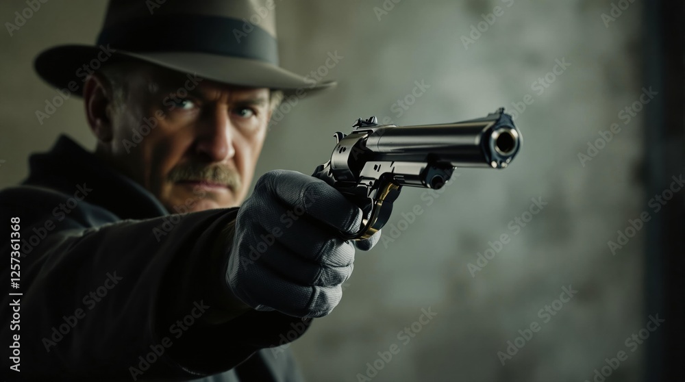 Mature detective in fedora aiming revolver with intense expression in dark setting Mature detective in fedora aiming revolver with intense expression in dark setting
