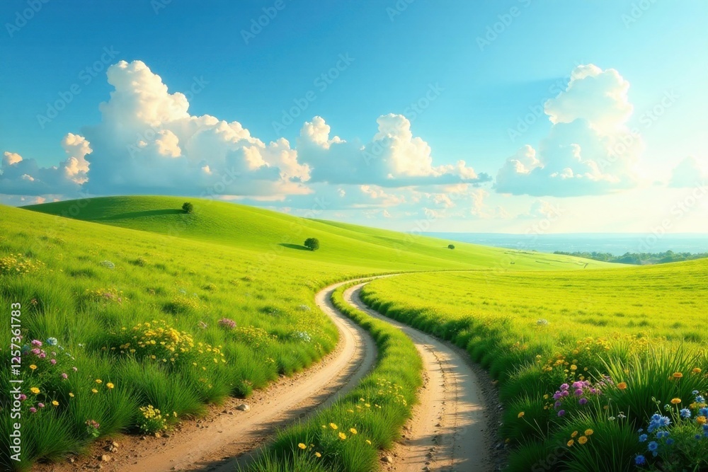 Fototapeta premium Serene Landscape Featuring a Winding Dirt Road Through Lush Green Meadows Under a Bright Sunny Sky with Puffy Clouds