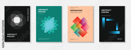 Abstract Geometric Posters Set: A set of four minimalist abstract geometric poster designs with vibrant colors and unique shapes for modern and contemporary interior design.