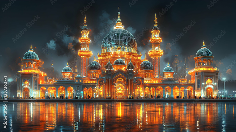 Obraz premium Illustration - Grand Illuminated Palace by the Water at Night