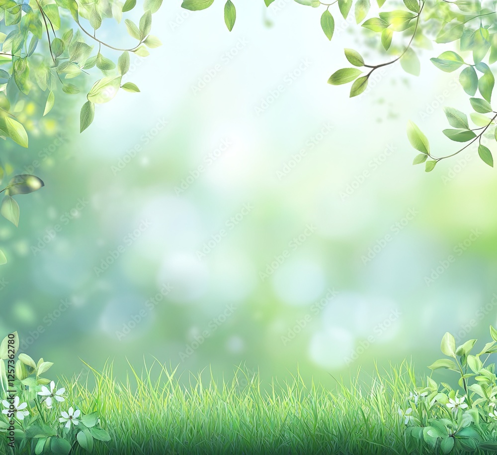 Spring foliage frame, blurred garden, green grass, nature background, website banner Spring foliage frame, blurred garden, green grass, nature background, website banner