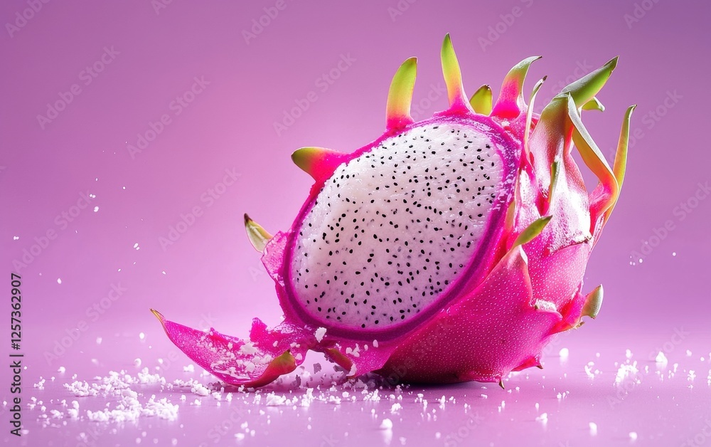 A bright dragon fruit levitating with its pink skin peeling slightly to reveal white speckled pulp, pastel purple background A bright dragon fruit levitating with its pink skin peeling slightly to reveal white speckled pulp, pastel purple background