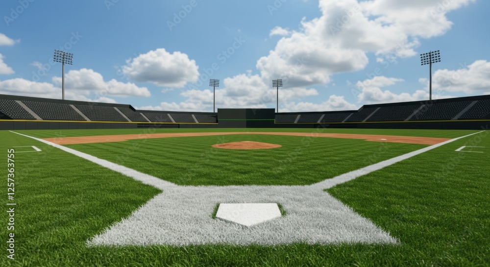 Fototapeta premium Sunny day at an empty baseball field with green grass and blue sky