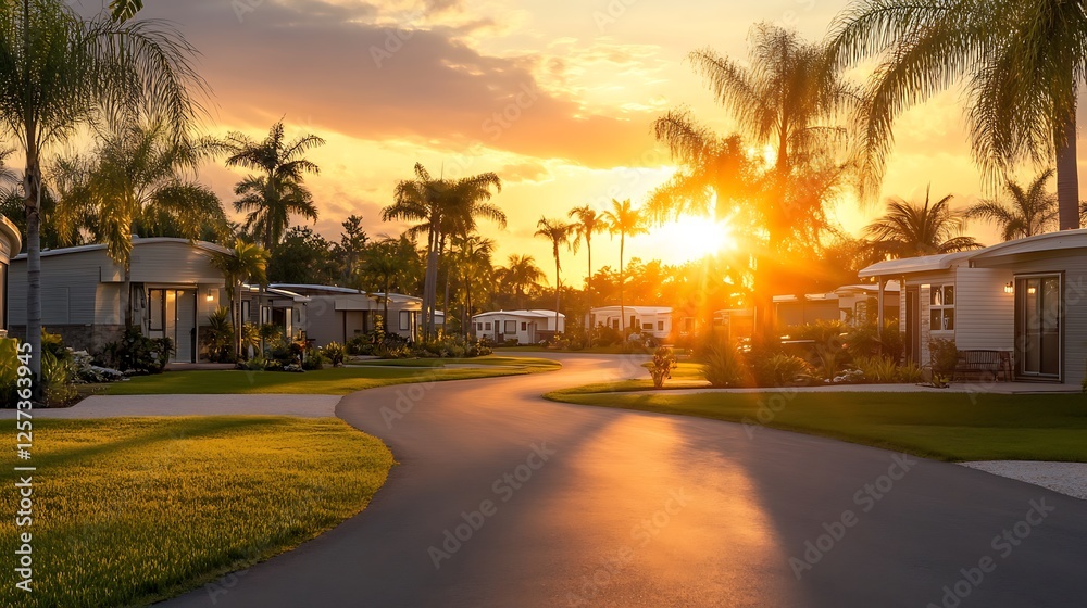 Naklejka premium Sunset Serenity: Luxurious Tropical Villas at Golden Hour