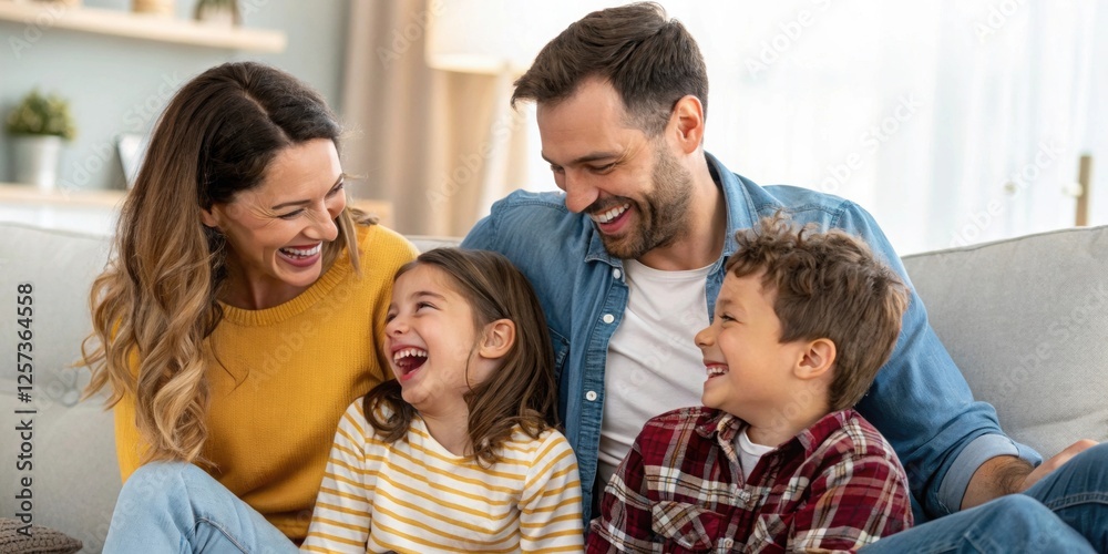 Happy Family Smiling on Cozy Sofa - Authenticity Happy Family Smiling on Cozy Sofa - Authenticity