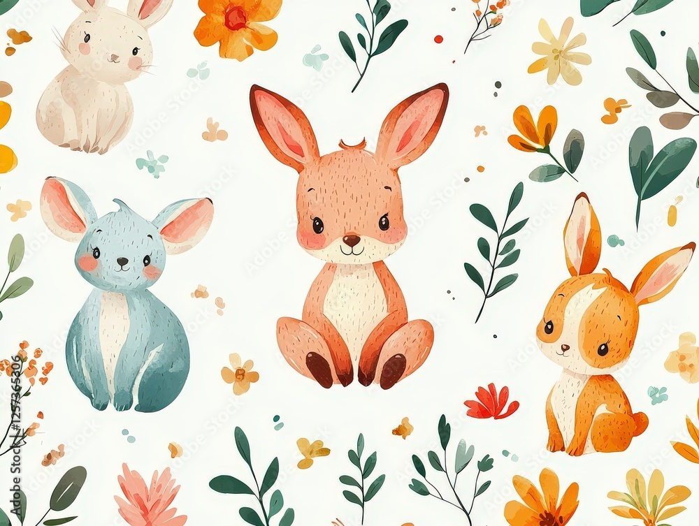 This delightful illustration features several adorable rabbits among colorful flowers, creating a whimsical and light-hearted scene that evokes feelings of playfulness and joy. This delightful illustration features several adorable rabbits among colorful flowers, creating a whimsical and light-hearted scene that evokes feelings of playfulness and joy.
