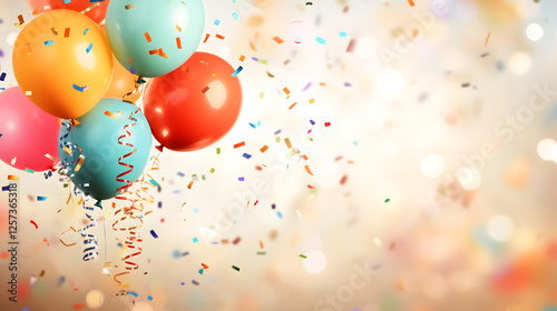 A lively birthday celebration featuring an explosion of color, with bright balloons in shades of red, blue, yellow, and green floating against a backdrop of twisted streamers in various hues.