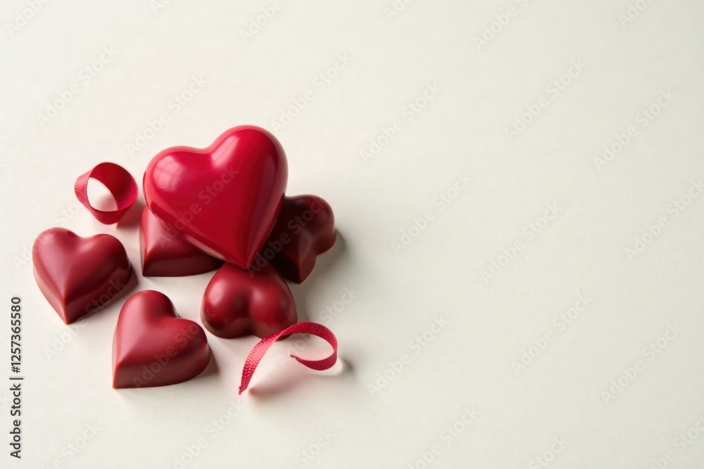 A cluster of heart-shaped chocolates rests on a neutral background, adorned with delicate red ribbons, creating a romantic and sweet visual A cluster of heart-shaped chocolates rests on a neutral background, adorned with delicate red ribbons, creating a romantic and sweet visual