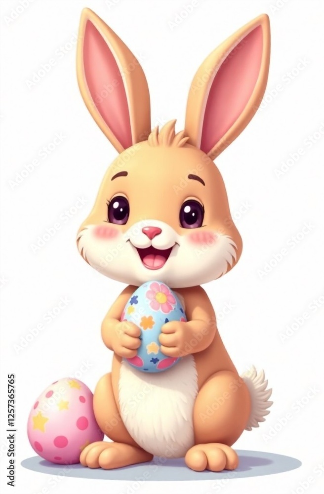 Cute cartoon rabbit holding colorful Easter eggs in a cheerful spring setting Cute cartoon rabbit holding colorful Easter eggs in a cheerful spring setting