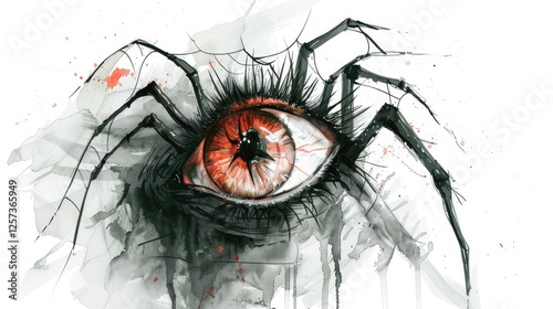 An artistic representation of a large eye intertwined with spider legs, showcasing intricate details and dark colors photo