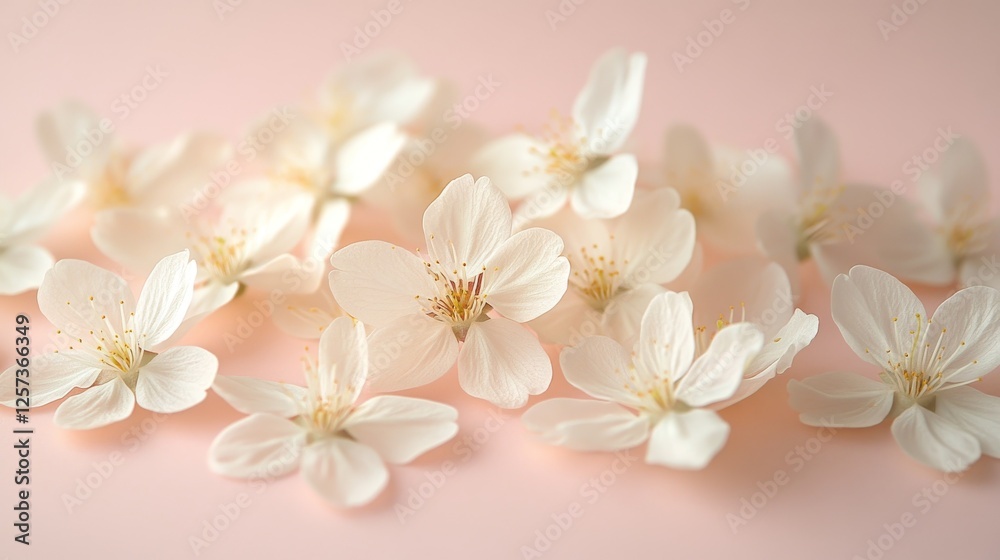 Fototapeta premium Delicate white cherry blossoms are scattered on a pink background
