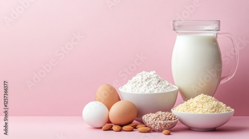 Baking Ingredients on Pink: Fresh eggs, almond flour, wheat flour, and milk sit elegantly arranged on a soft pink background, ready for baking.  A visually appealing image for baking blogs, cookbooks.