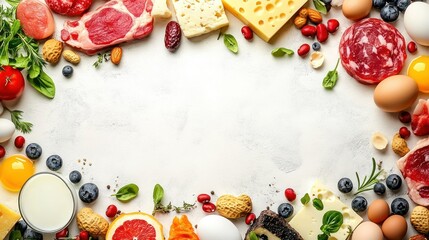 Food and Nutrition Border: A vibrant and colorful spread of fresh foods, including meat, cheese, eggs, fruits, and vegetables, creates a tantalizing border around a central empty space.