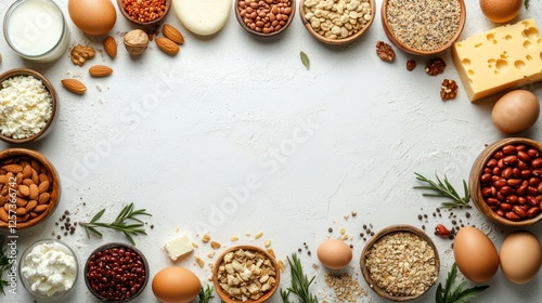 Healthy Eating Frame: A vibrant and diverse array of nutritious foods forms a beautiful frame, showcasing the richness and variety of a balanced diet.  Perfect for recipe blogs, health publications.