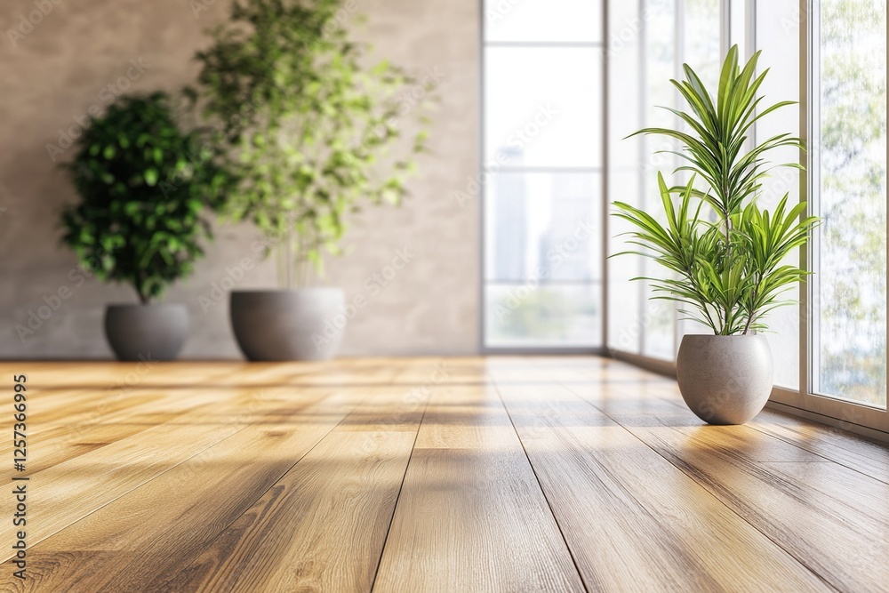 Sunlight Illuminates Plants on Hardwood Floor in Modern Room near Window Sunlight Illuminates Plants on Hardwood Floor in Modern Room near Window