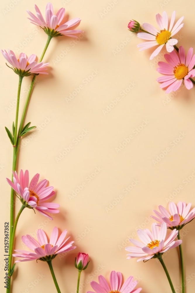 Delicate Pink Flowers Arranged in a Frame on a Pastel Background, Ideal for Invitations or Greeting Cards Delicate Pink Flowers Arranged in a Frame on a Pastel Background, Ideal for Invitations or Greeting Cards