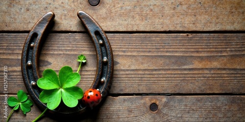 Rustic Horseshoe with Shamrocks and Ladybug on Weathered Wood Background