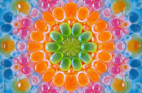 A kaleidoscopic pattern of colorful gummy candies forms an intricate mandala, with bright colors like orange and pink on the outside for contrast against a blue background
