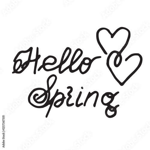 hello spring text lettering is decorated with a hearts Hand drawn illustration on white background. the basis for the design of postcards stickers fabrics dishes .vector composition