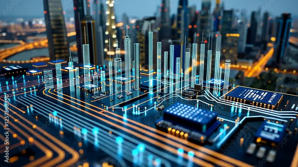 Futuristic cityscape merged with computer circuitry, symbolizing technology and innovation