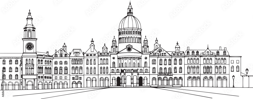Obraz premium Gothic City landscape. Line urban backdrop. Different buildings on street, outline cityscape hand sketch, flat houses. Hand drawn vector illustration