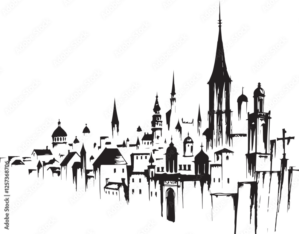 Obraz premium Gothic City landscape. Line urban backdrop. Different buildings on street, outline cityscape hand sketch, flat houses. Hand drawn vector illustration
