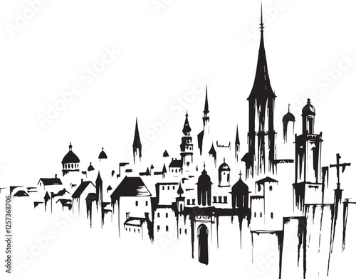 Gothic City landscape. Line urban backdrop. Different buildings on street, outline cityscape hand sketch, flat houses. Hand drawn vector illustration