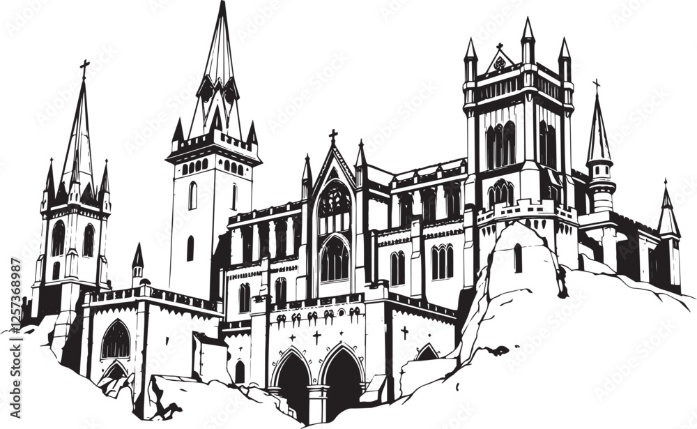 Obraz premium Gothic City landscape. Line urban backdrop. Different buildings on street, outline cityscape hand sketch, flat houses. Hand drawn vector illustration