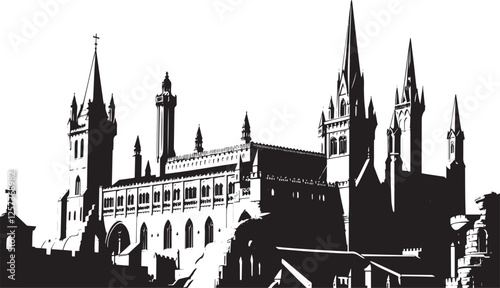 Gothic City landscape. Line urban backdrop. Different buildings on street, outline cityscape hand sketch, flat houses. Hand drawn vector illustration
