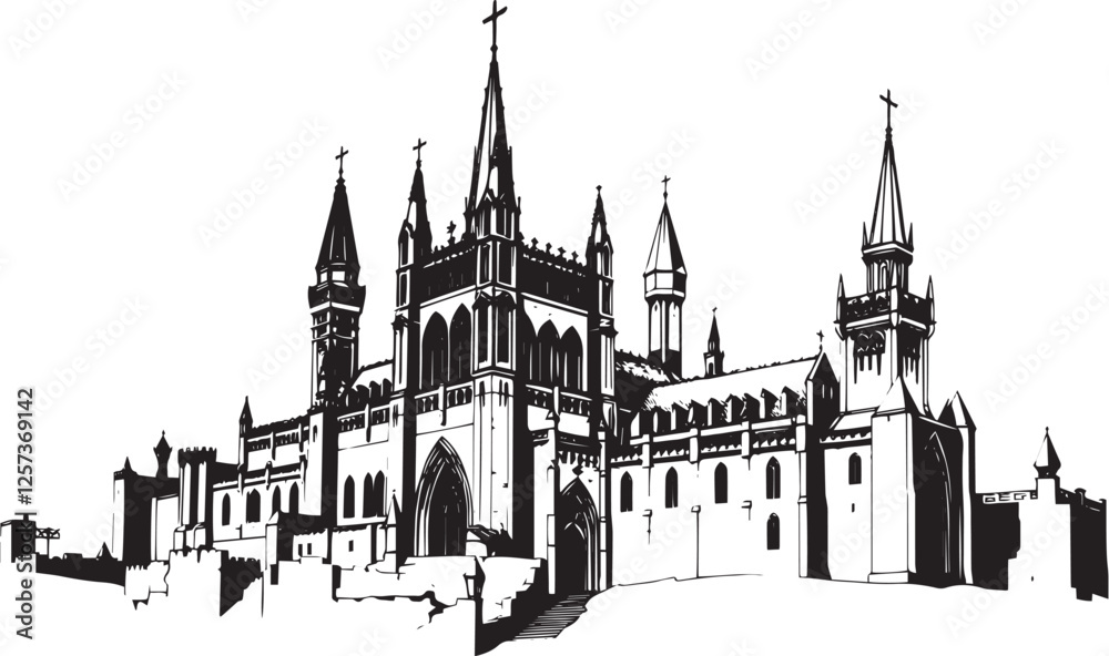 Fototapeta premium Gothic City landscape. Line urban backdrop. Different buildings on street, outline cityscape hand sketch, flat houses. Hand drawn vector illustration
