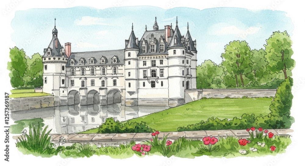Fototapeta premium Charming french castle surrounded by lush gardens and reflective moat