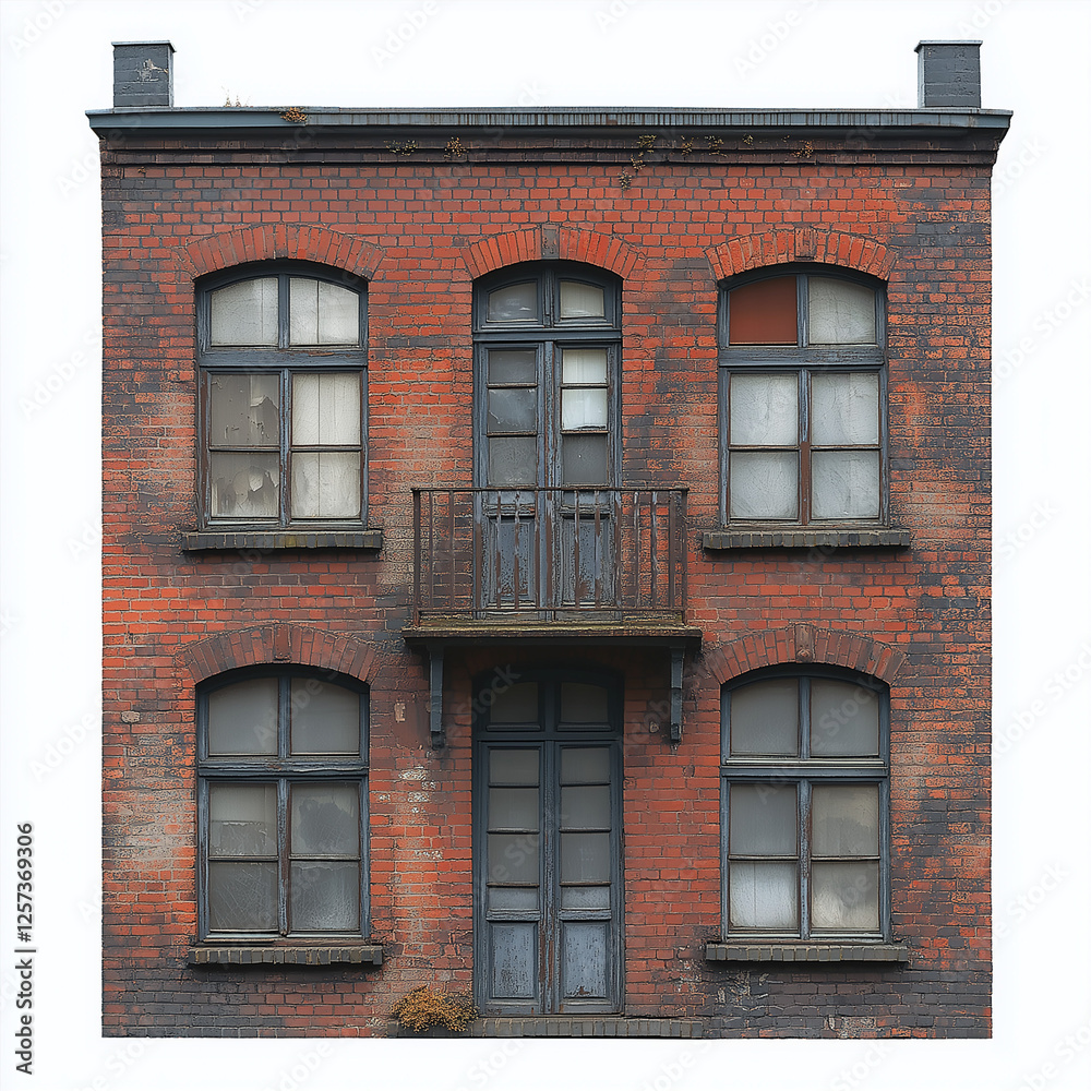 Fototapeta premium Historic Two-Story Brick Building with Ivy-Covered Metal Balconies and Wooden Windows – Rustic Architectural Charm and Vintage Appeal