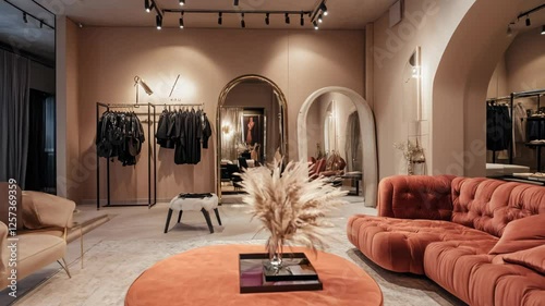 A luxurious boutique interior with stylish furniture and clothing