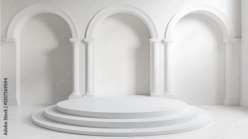 White Circular Platform with Three Steps in a Room with Three Arched Doorways and Columns White Circular Platform with Three Steps in a Room with Three Arched Doorways and Columns