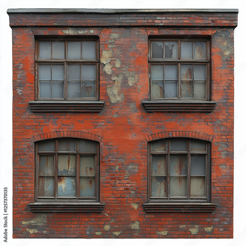 Obraz premium Historic Two-Story Brick Building with Ivy-Covered Metal Balconies and Wooden Windows – Rustic Architectural Charm and Vintage Appeal