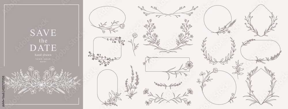 Elegant minimal style floral frame set. Hand drawn botanical borders and wreaths with branches, leaves and flowers in line art. Vector for wedding invitation, save the date card, logo design, monogram