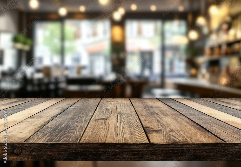 Empty wooden table, cafe background, blurred city view, product display Empty wooden table, cafe background, blurred city view, product display