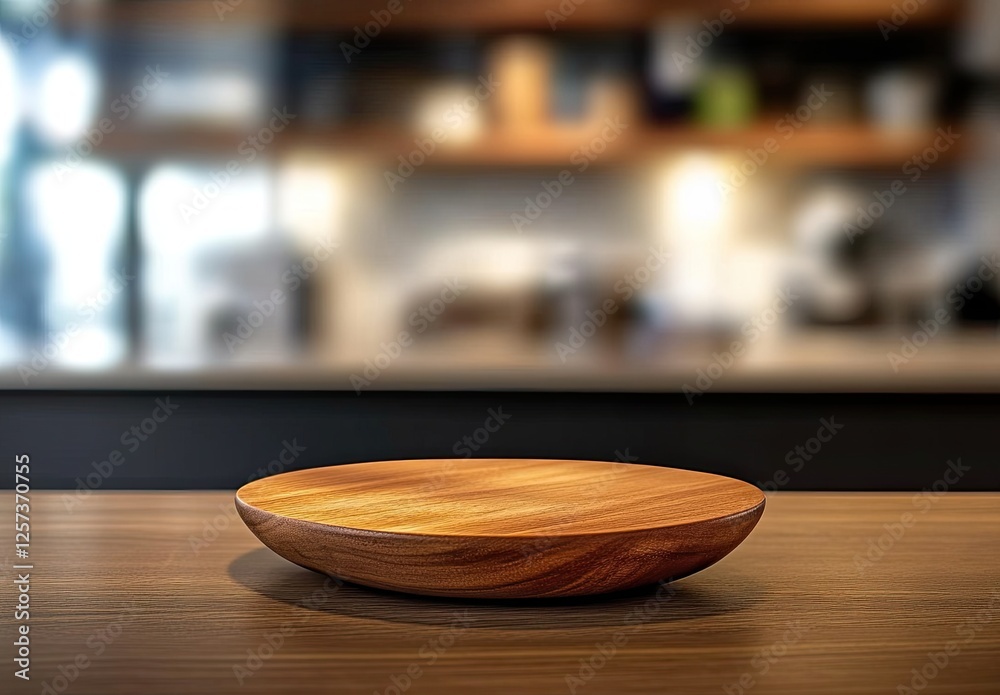 Wooden bowl on kitchen counter, blurred background, product display Wooden bowl on kitchen counter, blurred background, product display
