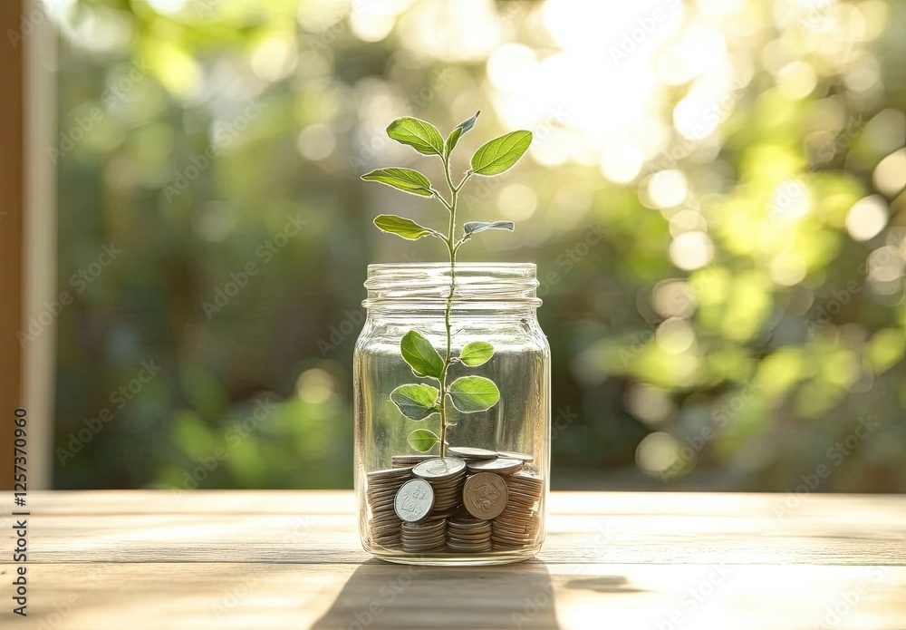 Plant growing from coins in jar, outdoors, sunlight Plant growing from coins in jar, outdoors, sunlight