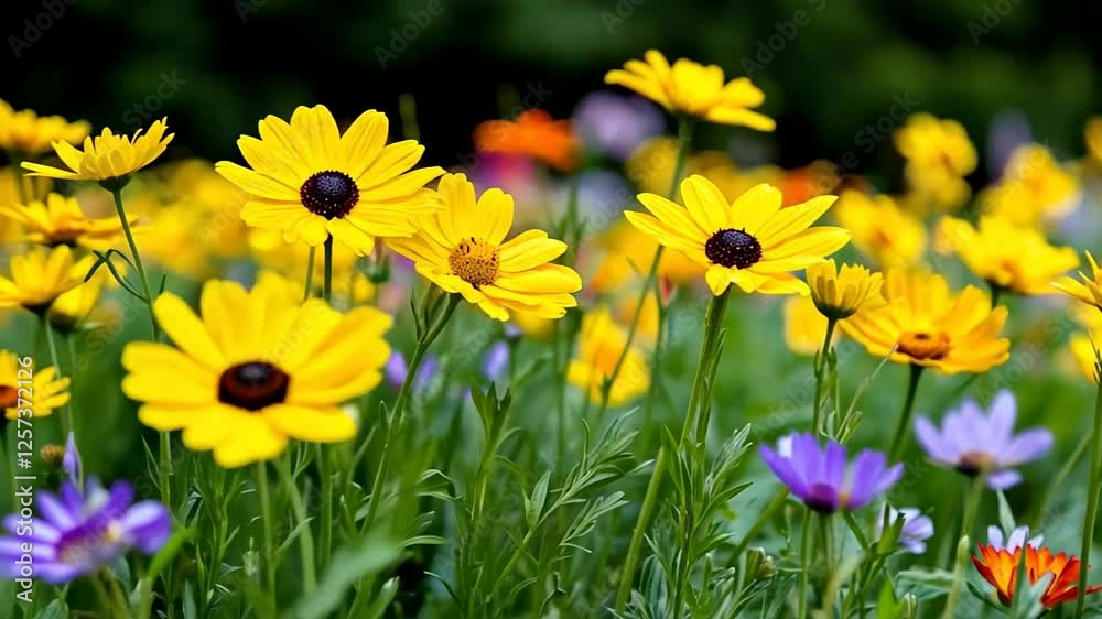 Vibrant yellow and purple wildflowers in a lush meadow, symbolizing spring and Earth Day Vibrant yellow and purple wildflowers in a lush meadow, symbolizing spring and Earth Day