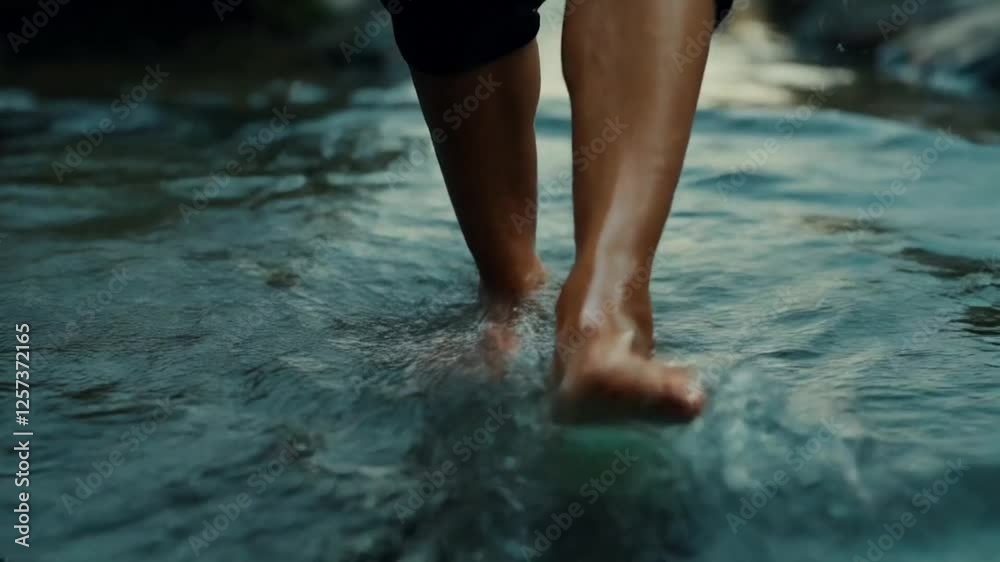 Person walking barefoot through a serene stream, splashing water amidst lush greenery in the background Person walking barefoot through a serene stream, splashing water amidst lush greenery in the background