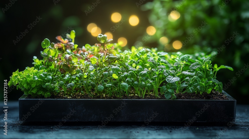 Vibrant herb garden with lush greenery and bokeh lights Vibrant herb garden with lush greenery and bokeh lights