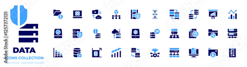 Data icon collection. Bold style. Duotone colors. large, data, database, data storage, data analytics, transfer data, data security, data science