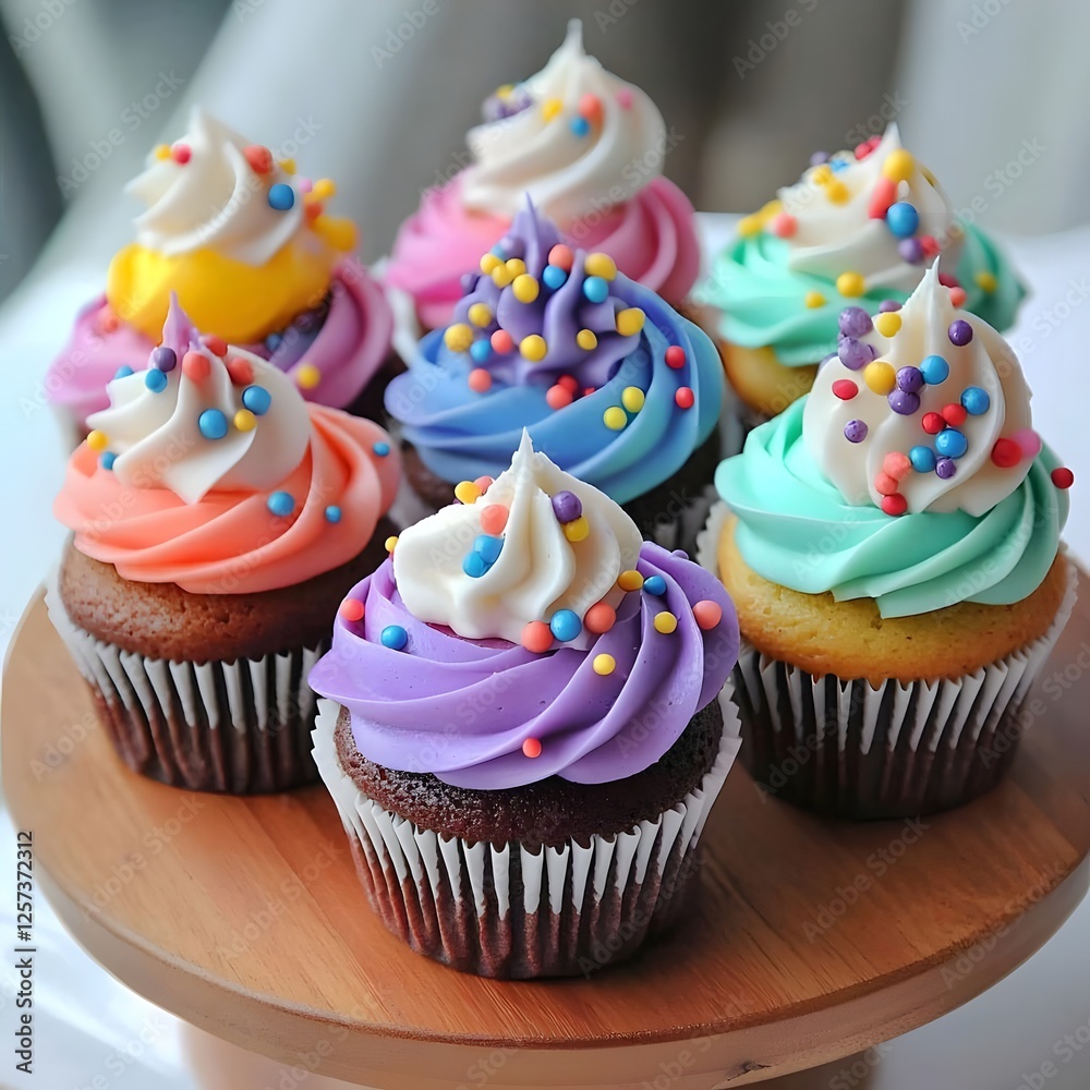 Colorful cupcakes with vibrant frosting and sprinkles arranged on a wooden platter, showcasing a delightful dessert scene Colorful cupcakes with vibrant frosting and sprinkles arranged on a wooden platter, showcasing a delightful dessert scene