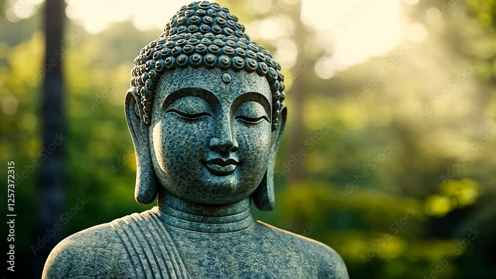 A serene Buddha statue in a tranquil garden setting symbolizes peace and spirituality, related to Vesak and meditation